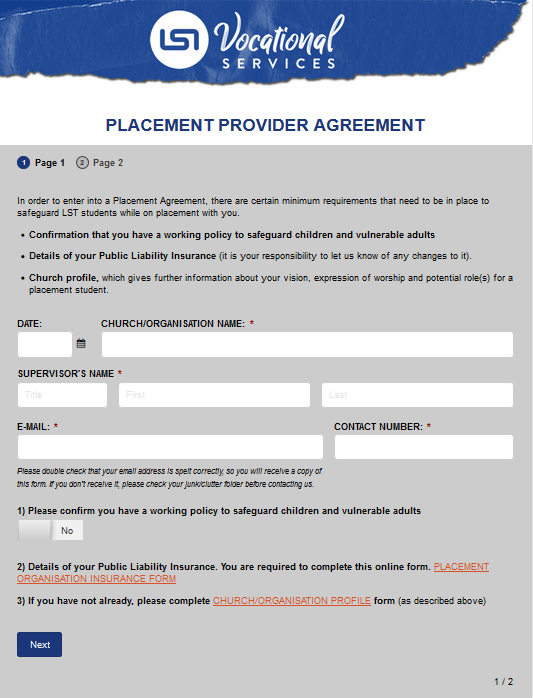 Screenshot of Placement Partner Agreement